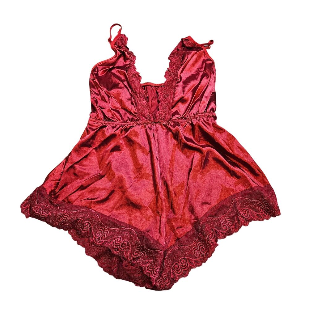 Red Nighty Lingerie Lace Short Romper Size Medium M Satin Sexy Valentines